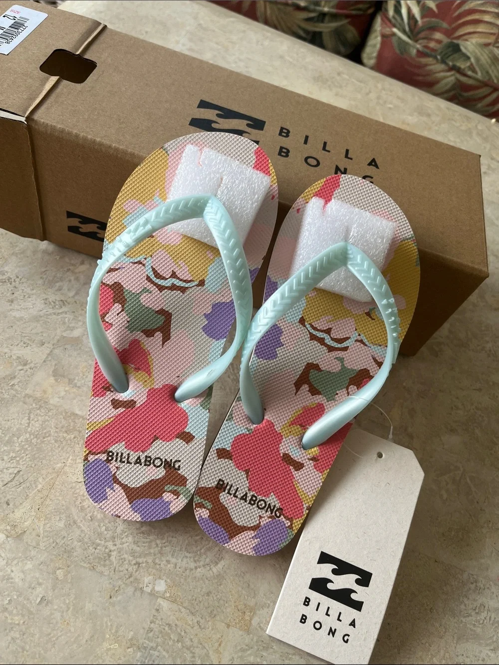 Billabong Kids Floral Flip Flops - Mint Straps & Multicolor Print